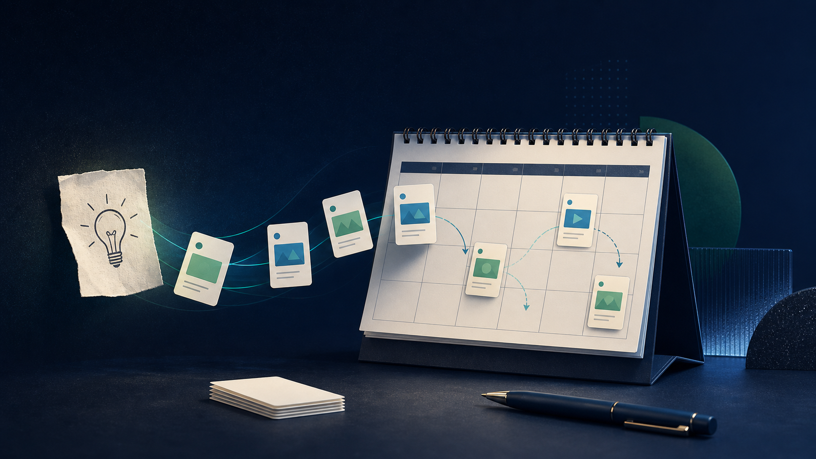 Conceptual illustration of an idea becoming scheduled social media content on a calendar
